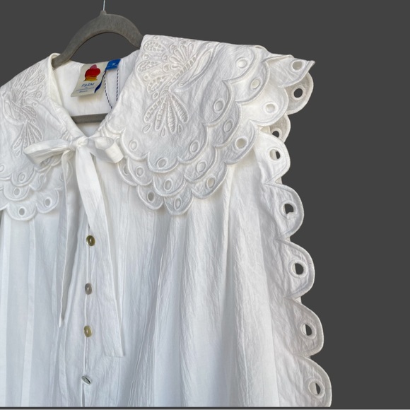 FARM RIO ANTHRO NWT White Embroidered Peter Pan Collared Long Sleeve Mini Dress - Picture 6 of 17